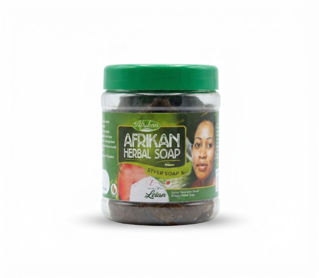 Afrikan Herbal Soap jar with a green lid
