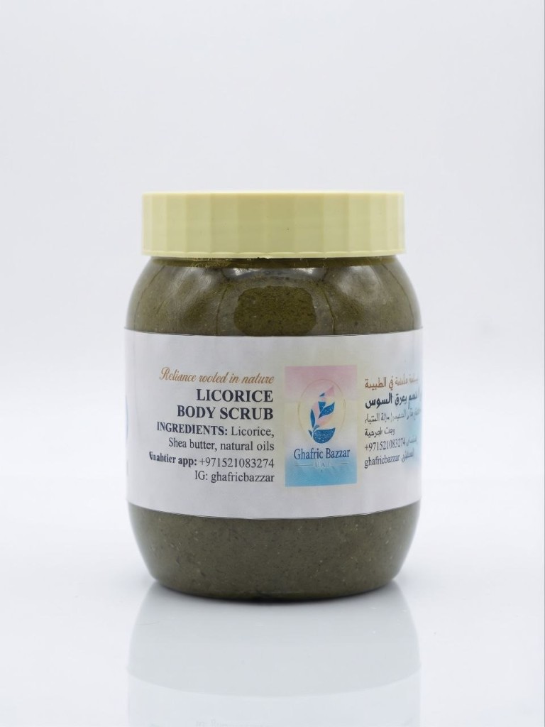 Licorice body scrub in a green jar