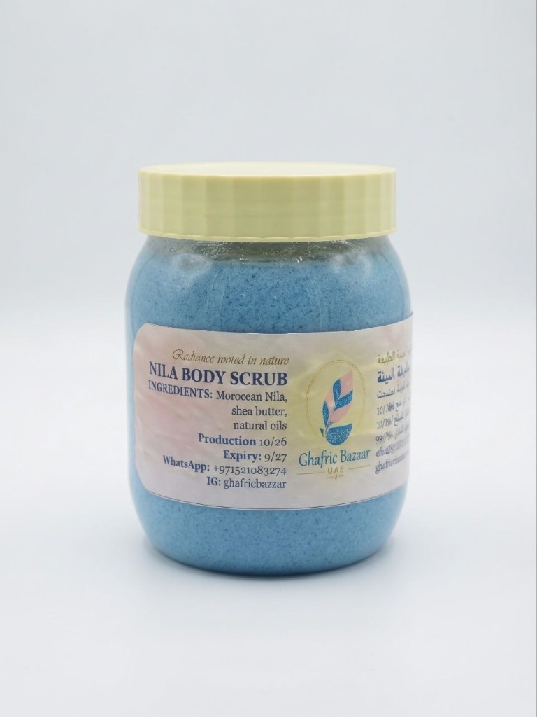 Nila body scrub in a blue jar